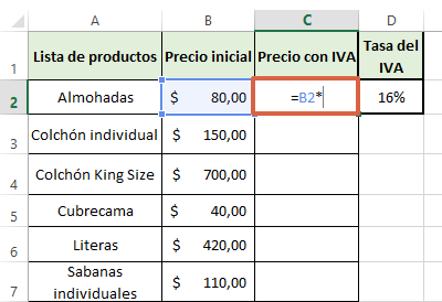 Cómo calcular el precio con IVA en Excel directamente paso 2