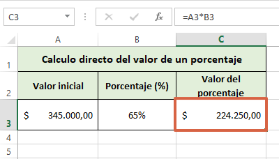 Cómo calcular el valor de un porcentaje en Excel de forma directa paso 3
