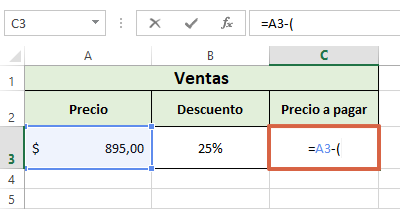 Cómo restar porcentajes en Excel utilizando descuentos paso 1