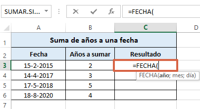 Cómo sumar años a una fecha en Excel paso 1