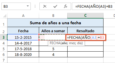 Cómo sumar años a una fecha en Excel paso 2
