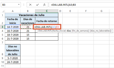 Cómo sumar días laborales en Excel con la función =DIA.LAB.INTL paso 2