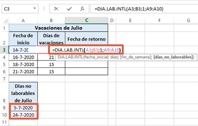 Cómo sumar días laborales en Excel con la función =DIA.LAB.INTL paso 4