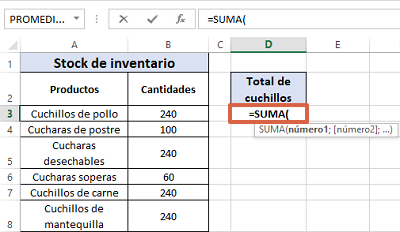 Cómo sumar en Excel utilizando la función SUMA paso 1