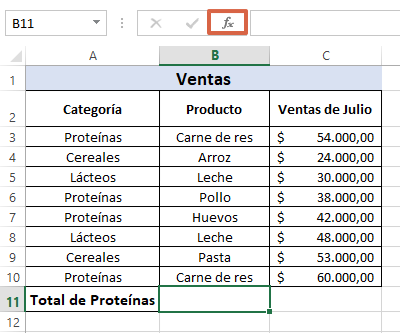 Cómo sumar en Excel utilizando la función SUMAR.SI paso 1