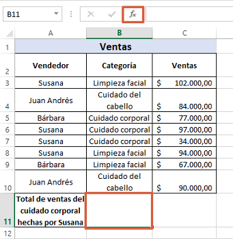 Cómo sumar en Excel utilizando la función SUMAR.SI.CONJUNTO paso 1