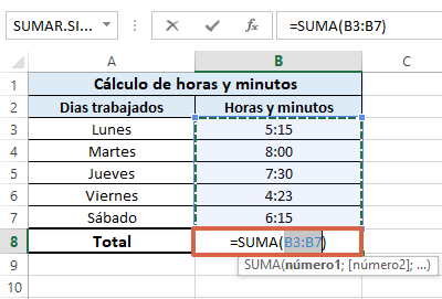 Cómo sumar horas y minutos en Excel paso 5