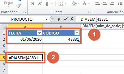 Escribir fórmula DIASEM en Excel paso 1 y 2