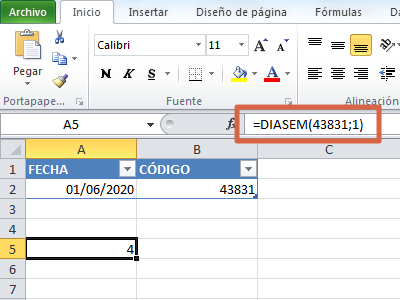 Escribir fórmula DIASEM en Excel paso 4