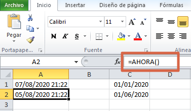 Fórmula AHORA en Excel