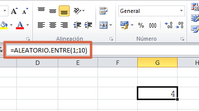 Fórmula ALEATORIO.ENTRE en Excel