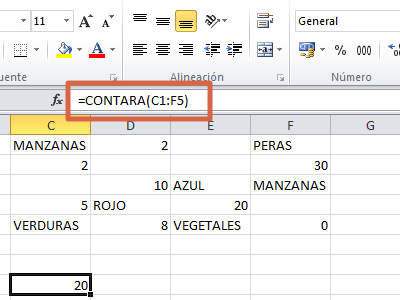 Fórmula CONTARA en Excel