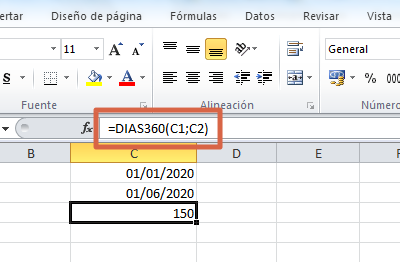 Fórmula DIAS360 en Excel