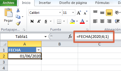 Fórmula FECHA en Excel
