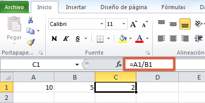 Fórmula paradividir celdas en Excel