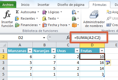 Función SUMA para sumar un rango de celdas en Excel