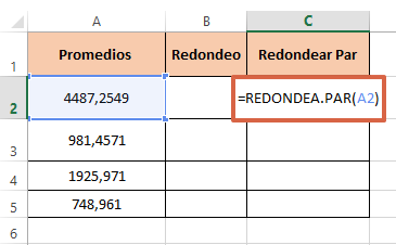 Cómo redondear números con decimales en Excel con la función REDONDEA.PAR