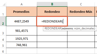 Cómo redondear números con decimales en Excel con la función REDONDEAR paso 1