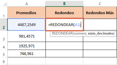 Cómo redondear números con decimales en Excel con la función REDONDEAR paso 2