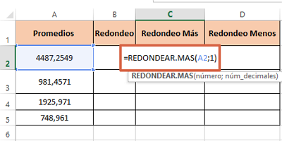 Cómo redondear números con decimales en Excel con la función REDONDEAR.MAS paso 2