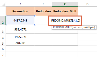 Cómo redondear números con decimales en Excel con la función REDONDEAR.MULT paso 3