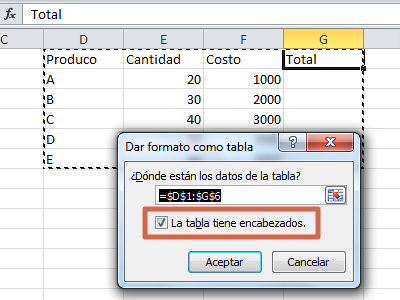 Crear una tabla para multiplicar columnas en Excel paso 4