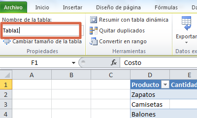 Editar nombre en una tabla de Excel paso 1