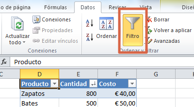 Eliminar filtros en una tabla de Excel paso 1