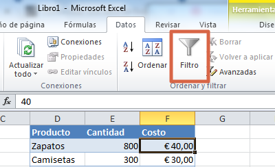 Eliminar filtros en una tabla de Excel paso 2