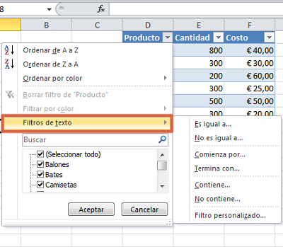 Filtros de texto en una tabla de Excel