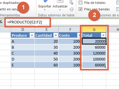 Multiplicación entre columnas en Excel paso 1 y 2