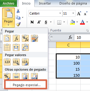 Multiplicar rango de celdas por un mismo valor con opciones de pegado en Excel paso 3