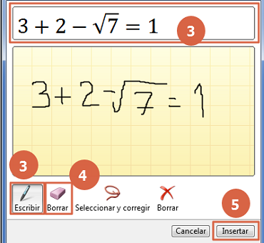 Poner o insertar fracciones en Word a través de Entrada de lápiz de ecuación paso 3-4 y 5