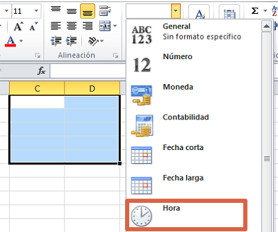 Restar horas en Excel paso 1