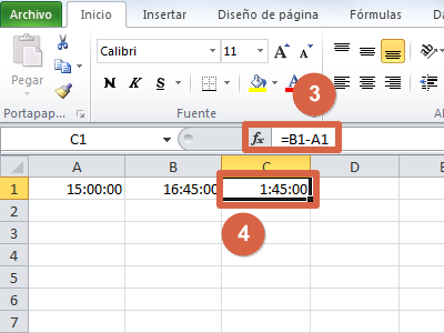 Restar horas en Excel paso 3 y 4